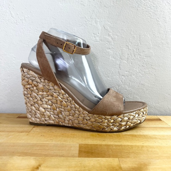 BP Wedges Ginny Tan Faux Suede Ankle Strap Woven Espadrille Sandals Size 9.5 M - Picture 1 of 10